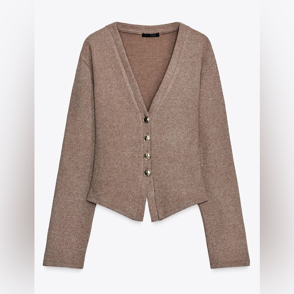 V-Neck Brown Women's Cashmere-Blend Sweater Cardigan - Picture 2 of 2